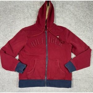 Tommy Hilfiger Hoodie Mens Small Red Spell Out Sherpa Line‎ Y2K Heavyweight